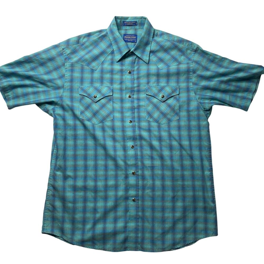 Pendleton Western Shirt Mens Large Blue Plaid Frontier Pearl Snap Short Sleeve